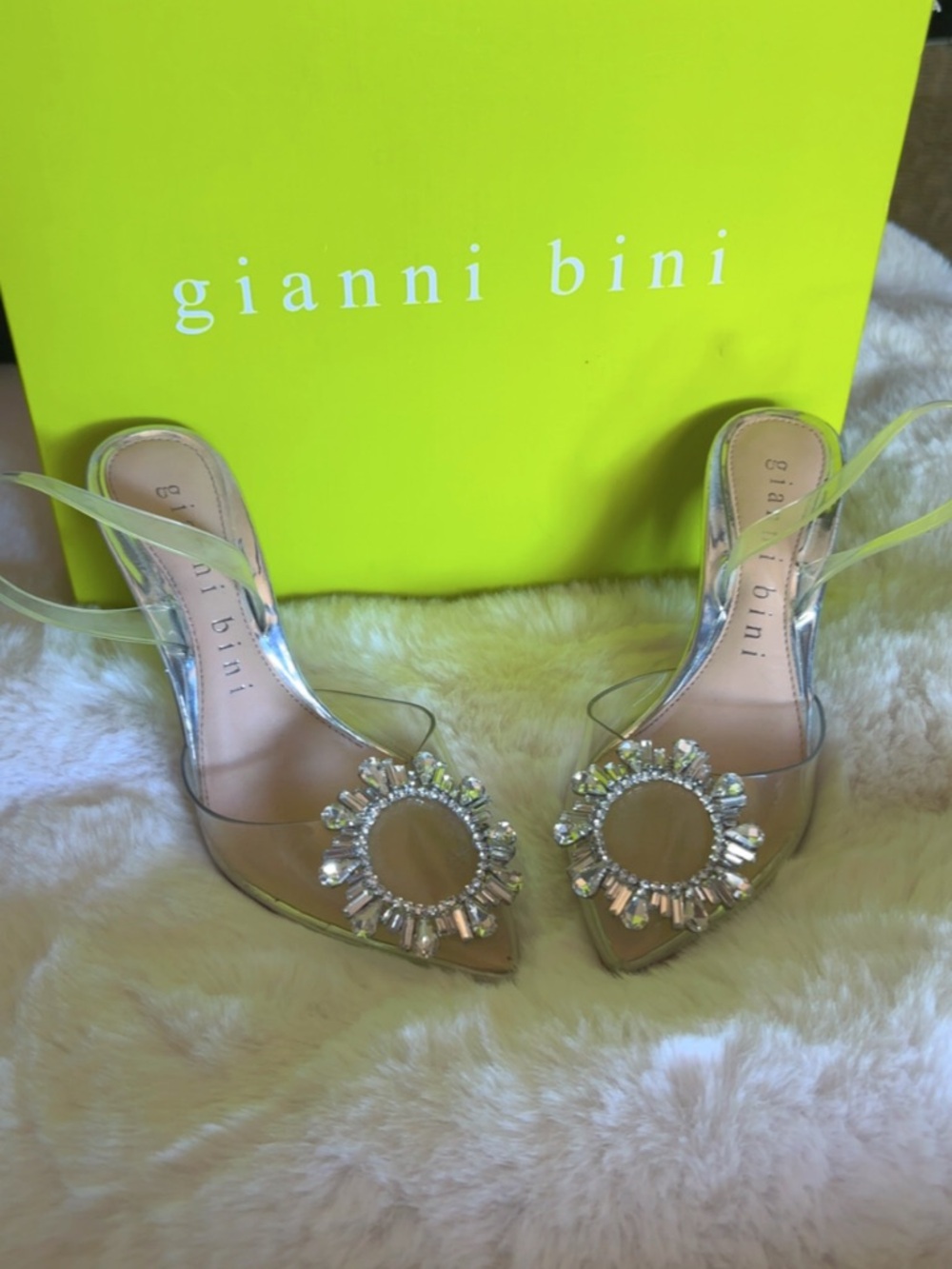 Gianni Bini Silver Clear Embellished Slide Heels